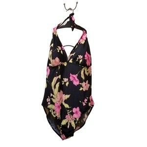Venezia Lane Bryant Black Pink Green Floral Halter Top One Piece Swimsuit Sz 26W